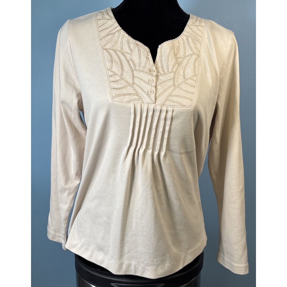 Southern Lady Beige Pullover Blouse (Women’s 34) Embroidery, Buttons & Pleats